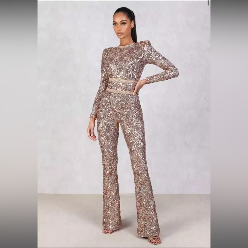 Nadine Merabi Bella Rose Gold Dark Nude Jumpsuit S/M, UK 10